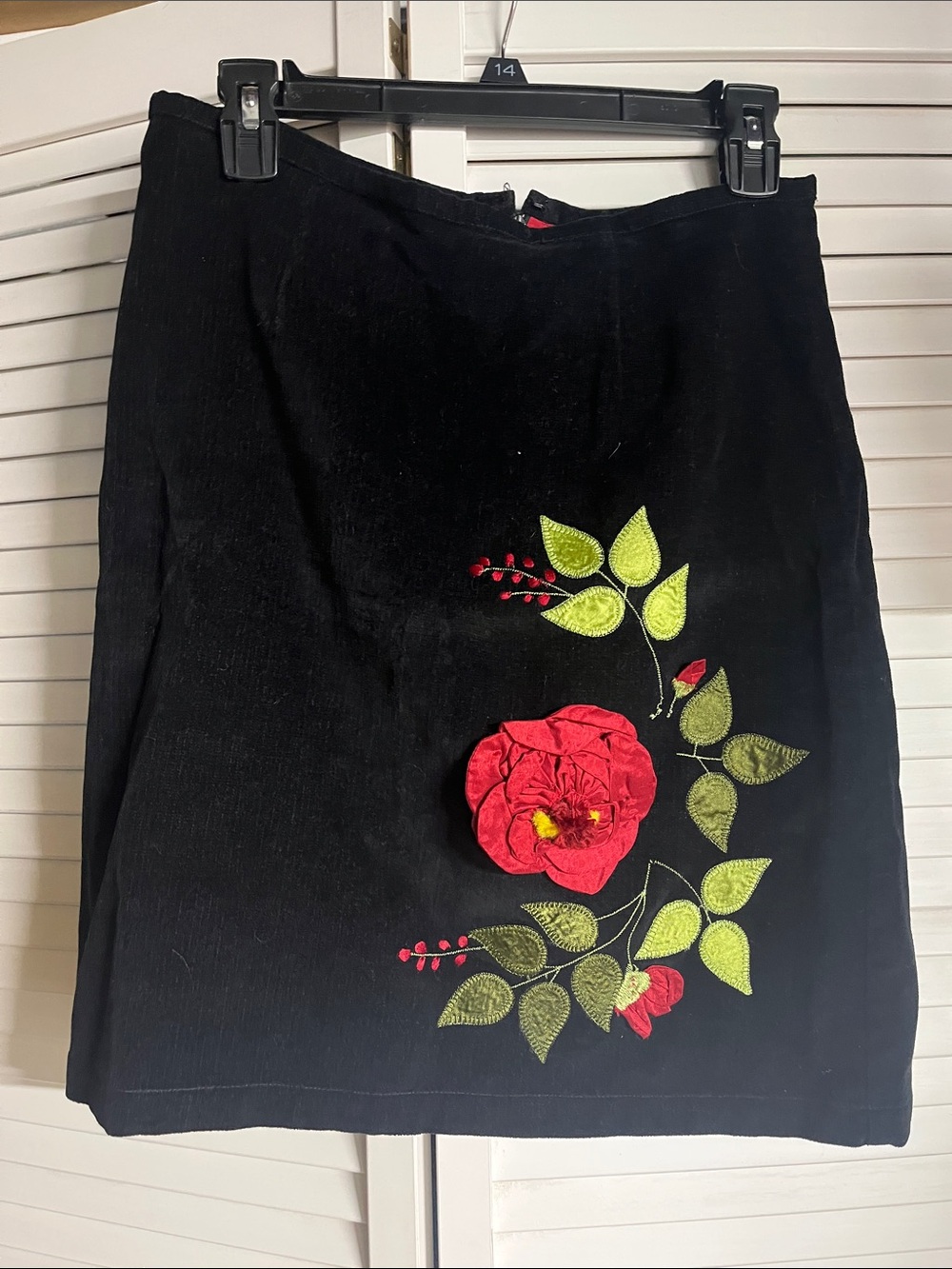 Persaman New York Black Skirt with Red Floral Appliqué